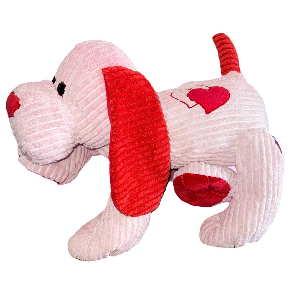 Kids Preferred Puppy Dog Plush Ribbed Pink Red Paws Hearts Floppy Toy 18"